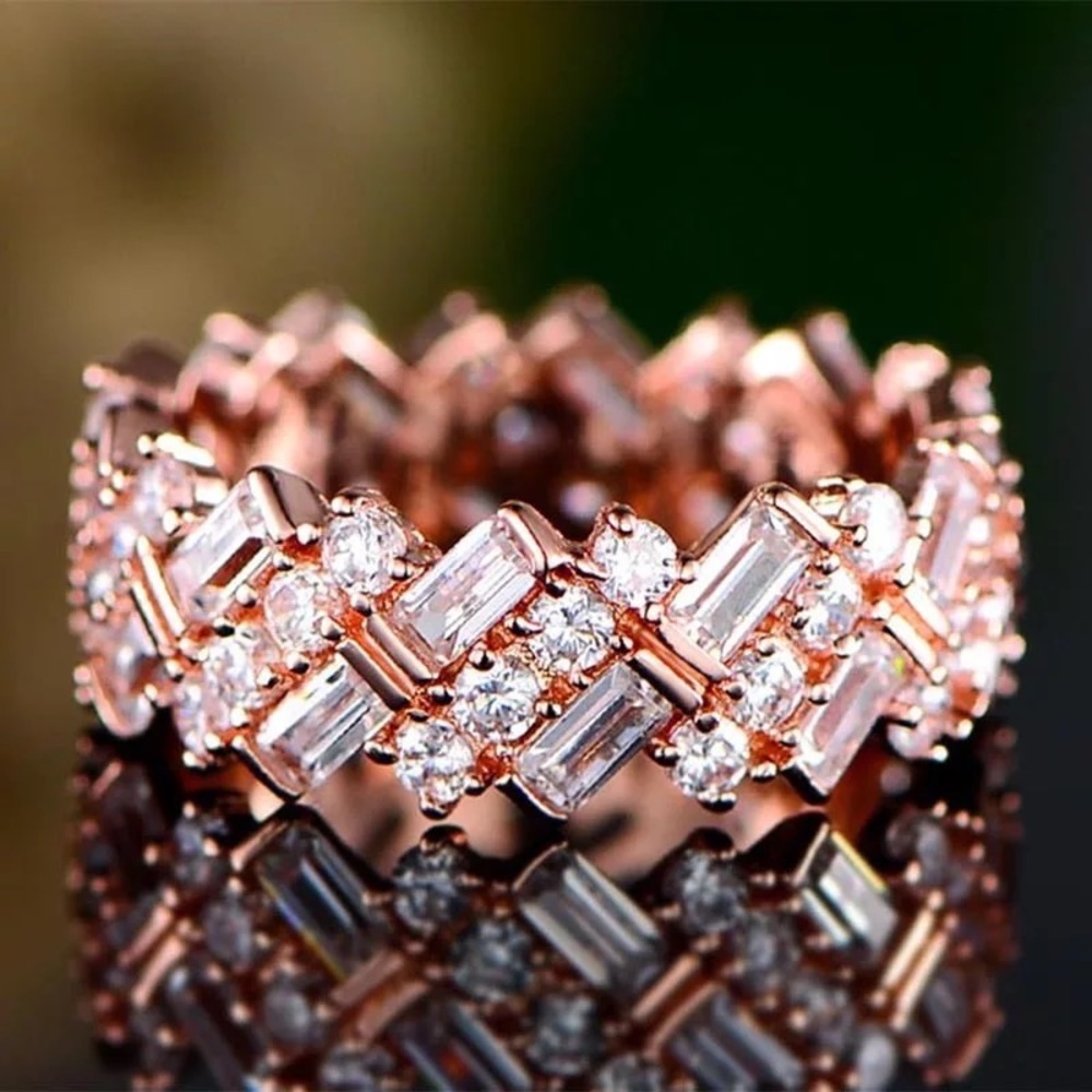 New Luxury Rose Gold Plated Diamond Eternity Ring - Picture 1 of 2
